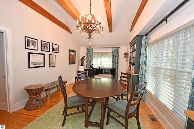 9017 S Dunns Farm Rd, Maple City, MI 49664 - dining space featuring beamed ceiling, a chandelier, light wood-style flooring, baseboards, and high vaulted ceiling