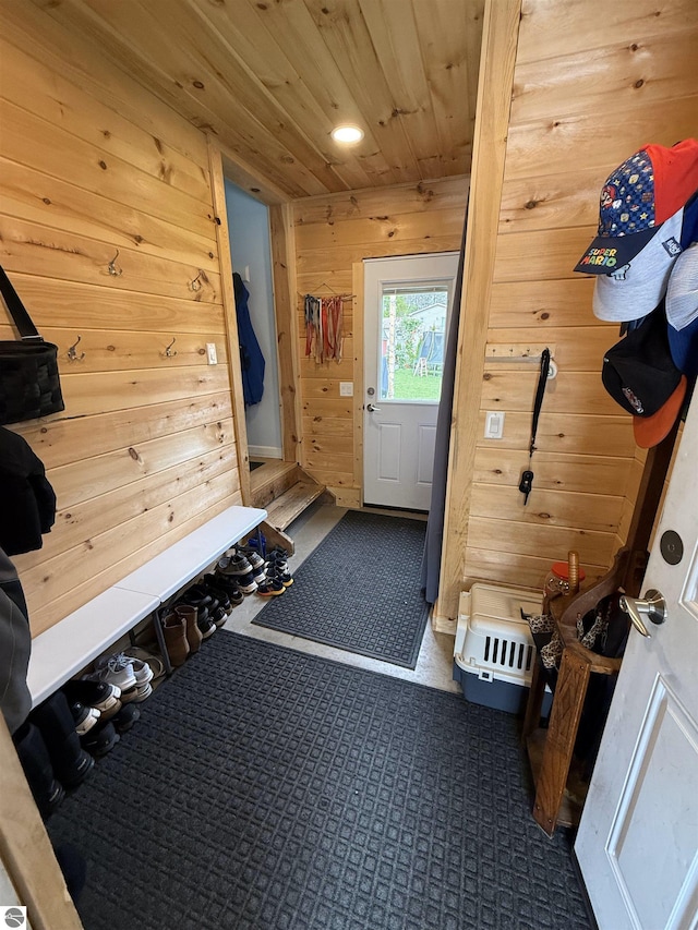 6368 Hardwood Dr, Lake Ann, MI 49650 - mudroom featuring wooden walls, carpet, wood ceiling, and recessed lighting