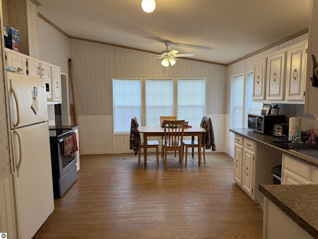 6661 Terry Ln, Hale, MI 48739 - kitchen with stainless steel appliances, ornamental molding, wallpapered walls, wainscoting, and dark countertops