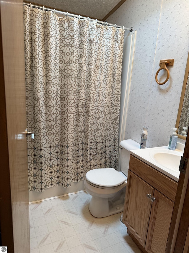 6661 Terry Ln, Hale, MI 48739 - bathroom with wallpapered walls, toilet, a shower with curtain, and vanity