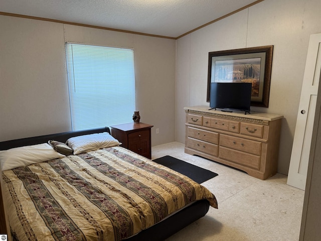 6661 Terry Ln, Hale, MI 48739 - bedroom with crown molding, light colored carpet, lofted ceiling, and a textured ceiling