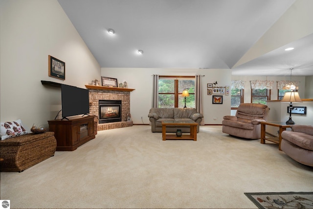 4611 Audubon Dr, Traverse City, MI 49686 - living room featuring carpet, a fireplace, baseboards, high vaulted ceiling, and recessed lighting