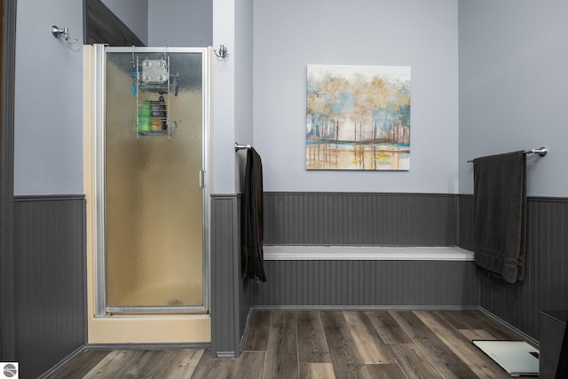 5206 S Riverview Dr, Lake City, MI 49651 - full bathroom featuring wainscoting, a shower stall, and wood finished floors