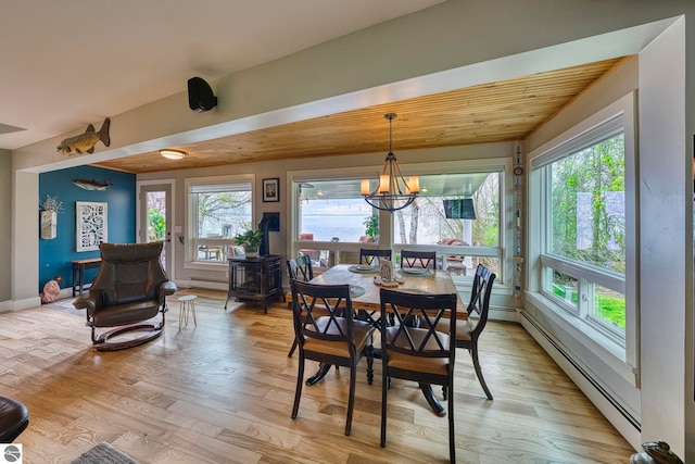 6433 S W Bayshore Dr, Traverse City, MI 49684 - dining area with baseboard heating, a chandelier, a wood stove, and light wood finished floors