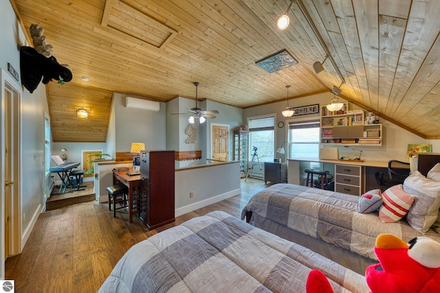 6433 S W Bayshore Dr, Traverse City, MI 49684 - bedroom featuring a wall unit AC, wooden ceiling, vaulted ceiling, baseboards, and wood finished floors