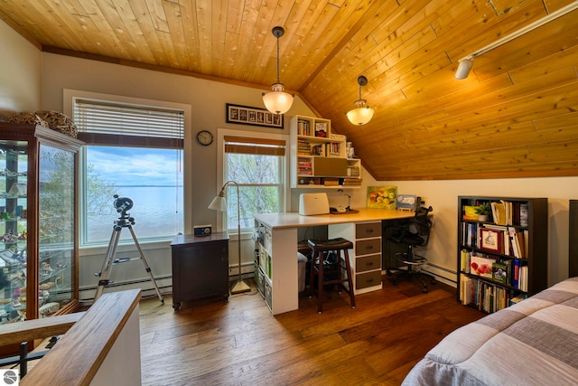 6433 S W Bayshore Dr, Traverse City, MI 49684 - bedroom featuring a baseboard heating unit, an office area, vaulted ceiling, hardwood / wood-style floors, and wood ceiling