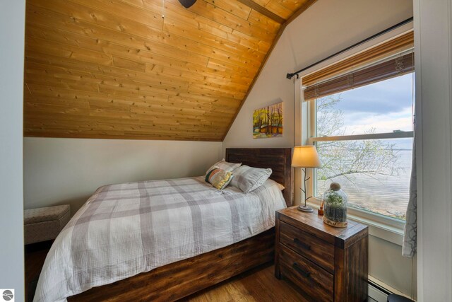 6433 S W Bayshore Dr, Traverse City, MI 49684 - bedroom with wooden ceiling, vaulted ceiling, and wood finished floors