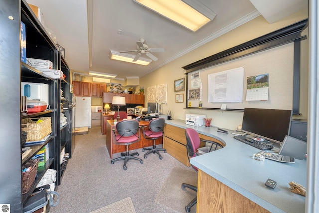 6433 S W Bayshore Dr, Traverse City, MI 49684 - office featuring ornamental molding, a ceiling fan, and light colored carpet