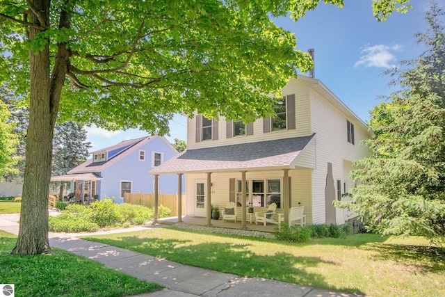 314 Leelanau Ave, Frankfort, MI 49635 - view of front of house featuring covered porch, a front lawn, and roof with shingles