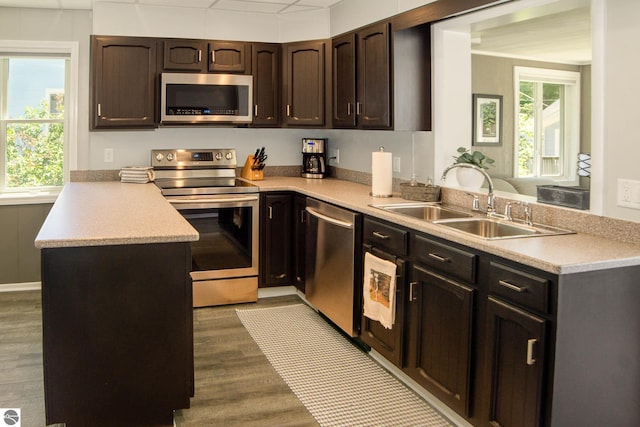 314 Leelanau Ave, Frankfort, MI 49635 - kitchen featuring stainless steel appliances, a peninsula, a sink, dark brown cabinets, and dark wood-style floors