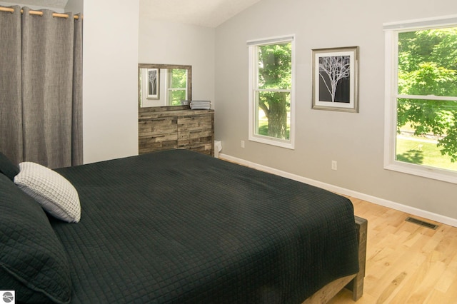 314 Leelanau Ave, Frankfort, MI 49635 - bedroom with wood finished floors, lofted ceiling, multiple windows, and baseboards