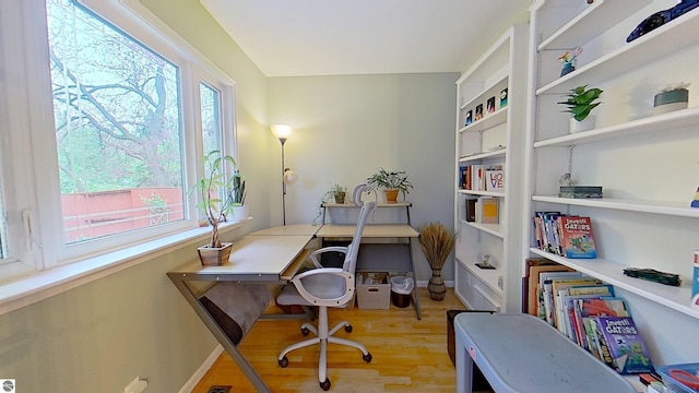 1320 E Chippewa St, Mount Pleasant, MI 48858 - home office featuring wood finished floors, built in shelves, and baseboards