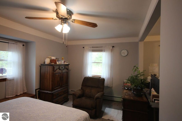 161 Huntinghorn Dr, Roscommon, MI 48653 - bedroom featuring a baseboard heating unit and a ceiling fan
