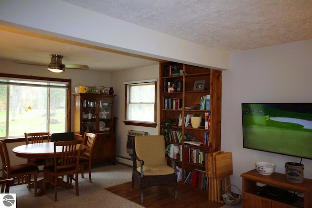 161 Huntinghorn Dr, Roscommon, MI 48653 - dining room with a baseboard heating unit, a ceiling fan, and a textured ceiling
