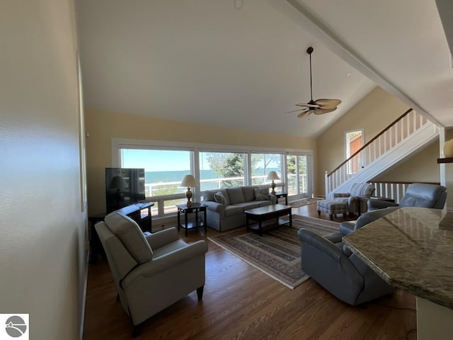 463 S Otis Ln, Au Gres, MI 48703 - living area featuring wood finished floors, high vaulted ceiling, and ceiling fan