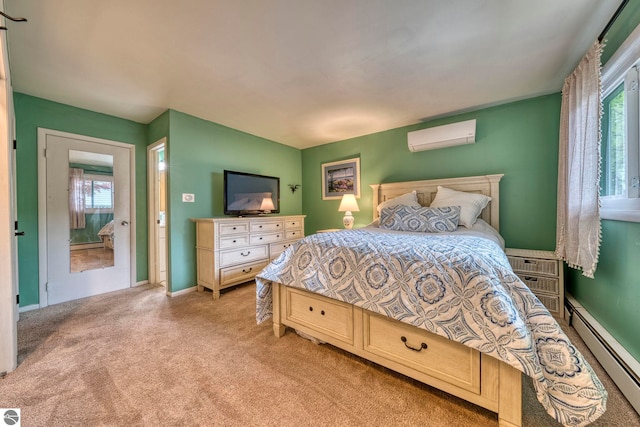 310 W Broadway, Suttons Bay, MI 49682 - bedroom featuring baseboard heating, a wall mounted AC, and light carpet