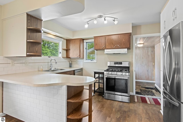 8695 S Maple City Rd, Maple City, MI 49664 - kitchen featuring stainless steel appliances, open shelves, a sink, a peninsula, and under cabinet range hood