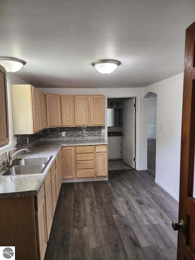 8540 W Monroe, Elwell, MI 48832 - kitchen with a sink, arched walkways, tasteful backsplash, dark wood-style floors, and light brown cabinets