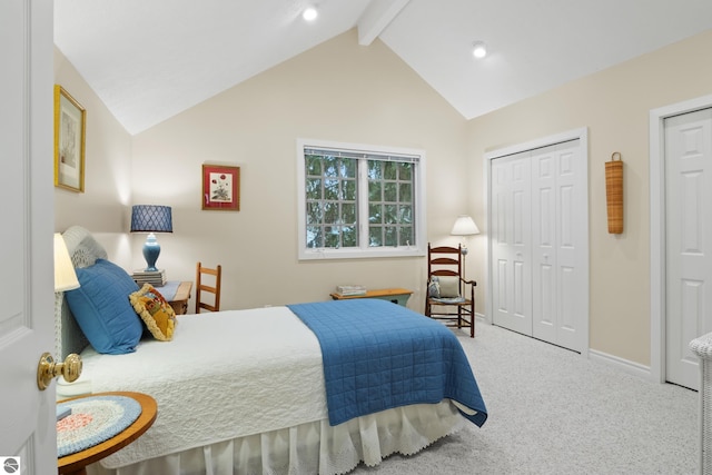 6200 Single Tree Ln, Williamsburg, MI 49690 - carpeted bedroom featuring beam ceiling, baseboards, high vaulted ceiling, and recessed lighting