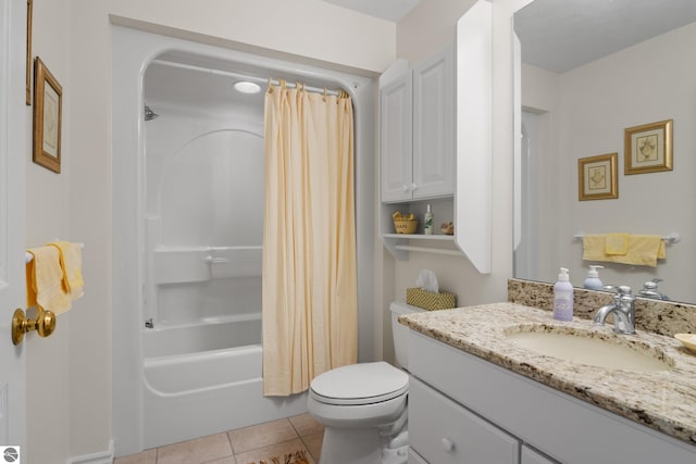 6200 Single Tree Ln, Williamsburg, MI 49690 - full bathroom featuring vanity, tile patterned floors, toilet, and shower / bath combo with shower curtain