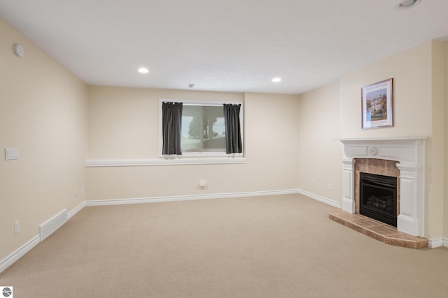6200 Single Tree Ln, Williamsburg, MI 49690 - unfurnished living room featuring carpet, a fireplace, recessed lighting, and baseboards