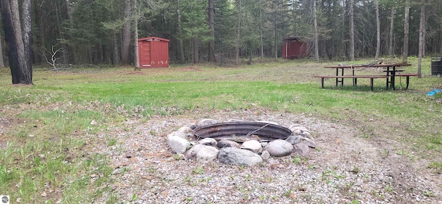 6031 Collins Rd, Onaway, MI 49765 - view of yard featuring a fire pit and a forest view