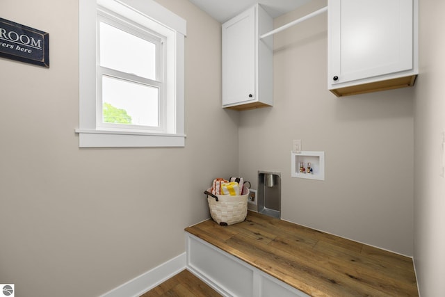11964 E Shaker Trl, Suttons Bay, MI 49682 - laundry room featuring cabinet space, dark wood-style flooring, washer hookup, and baseboards