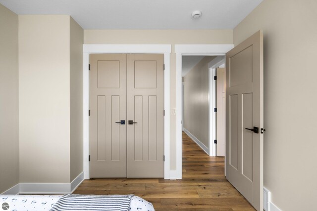 11964 E Shaker Trl, Suttons Bay, MI 49682 - bedroom featuring wood finished floors, a closet, and baseboards