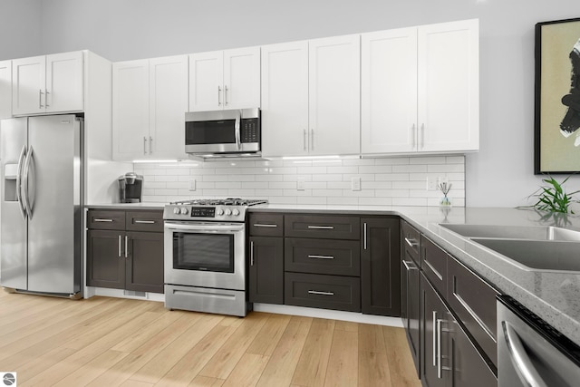 8906A Manhattan N Unit A, Traverse City, MI 49685 - kitchen featuring appliances with stainless steel finishes, white cabinets, light wood-style flooring, and backsplash