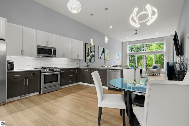 8906A Manhattan N Unit A, Traverse City, MI 49685 - kitchen featuring stainless steel appliances, white cabinets, tasteful backsplash, light wood-style floors, and a ceiling fan
