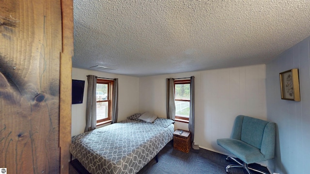 605 Cedar Ave, Houghton Lake, MI 48651 - bedroom with carpet flooring, multiple windows, and a textured ceiling