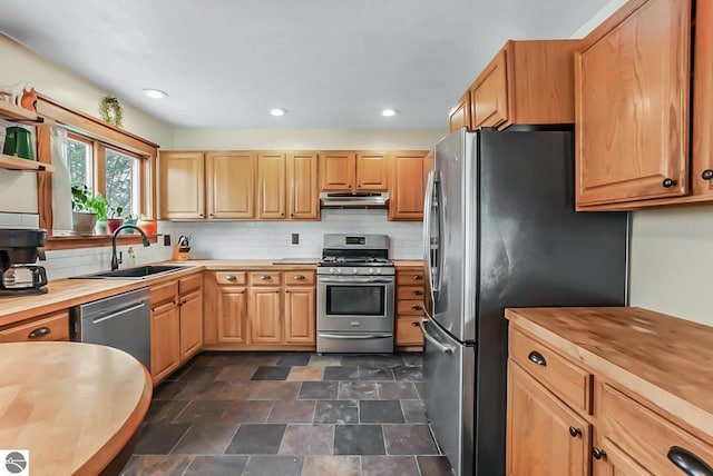 8281 M-66, Fife Lake, MI 49633 - kitchen featuring appliances with stainless steel finishes, under cabinet range hood, wood counters, a sink, and tasteful backsplash