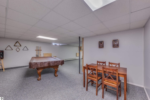 605 E M-55, West Branch, MI 48661 - rec room with carpet floors, a drop ceiling, baseboard heating, billiards, and baseboards