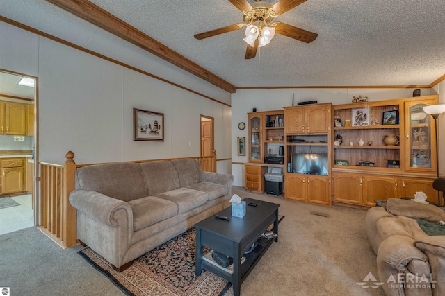1929 Mohawk Trl, West Branch, MI 48661 - living room featuring crown molding, light colored carpet, a textured ceiling, a ceiling fan, and lofted ceiling