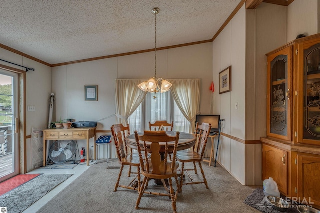 1929 Mohawk Trl, West Branch, MI 48661 - carpeted dining area featuring ornamental molding, a textured ceiling, lofted ceiling, a chandelier, and a decorative wall