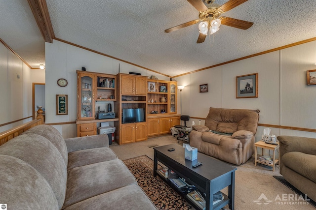 1929 Mohawk Trl, West Branch, MI 48661 - living room with ornamental molding, lofted ceiling, a textured ceiling, ceiling fan, and light carpet