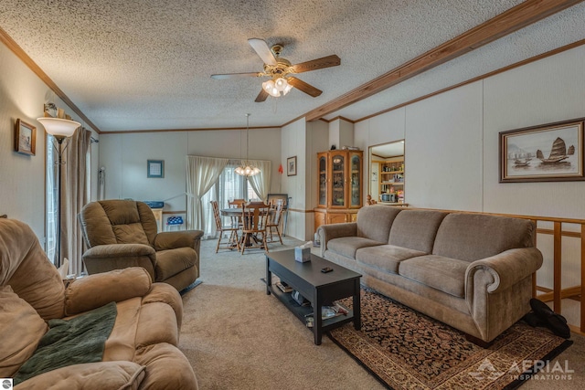 1929 Mohawk Trl, West Branch, MI 48661 - living area with vaulted ceiling, a textured ceiling, crown molding, carpet floors, and a ceiling fan