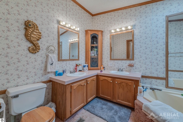 1929 Mohawk Trl, West Branch, MI 48661 - full bath with ornamental molding, double vanity, wallpapered walls, a tub, and toilet