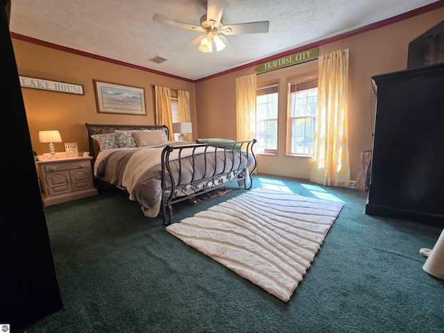 1470 N Al Moses Rd, Lake City, MI 49651 - bedroom with carpet flooring, ornamental molding, a ceiling fan, and a textured ceiling