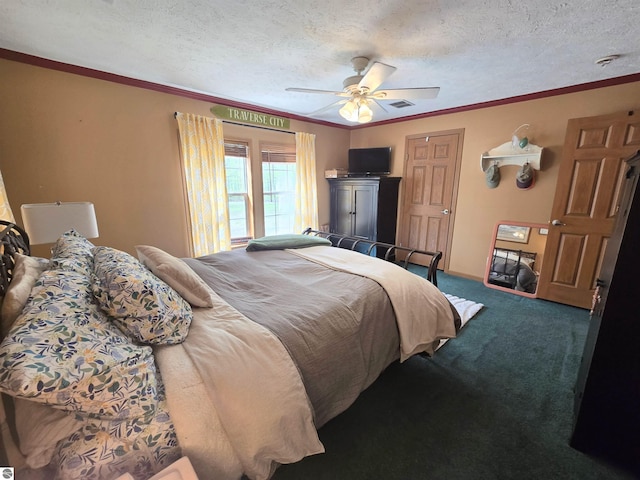 1470 N Al Moses Rd, Lake City, MI 49651 - bedroom with carpet flooring, a ceiling fan, a textured ceiling, and ornamental molding