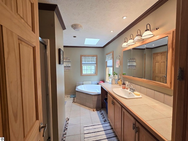 1470 N Al Moses Rd, Lake City, MI 49651 - bathroom with a skylight, ornamental molding, vanity, a garden tub, and tile patterned flooring
