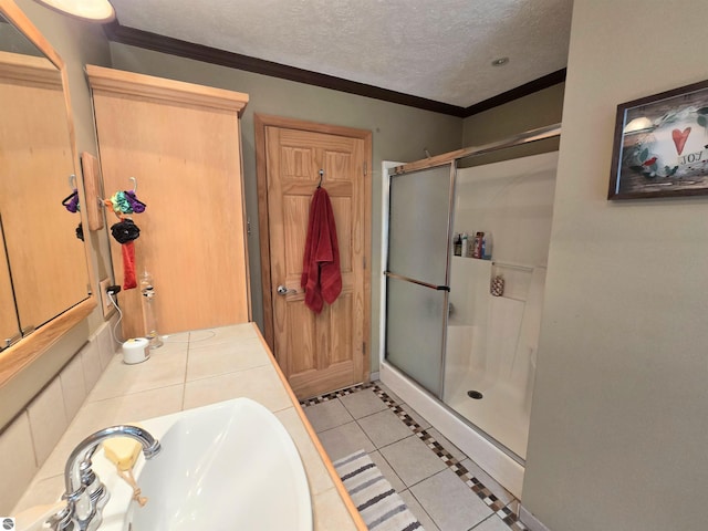 1470 N Al Moses Rd, Lake City, MI 49651 - bathroom featuring tile patterned floors, a sink, a shower stall, a textured ceiling, and ornamental molding