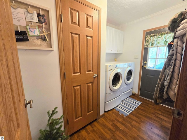 1470 N Al Moses Rd, Lake City, MI 49651 - washroom with cabinet space, independent washer and dryer, dark wood-type flooring, and crown molding