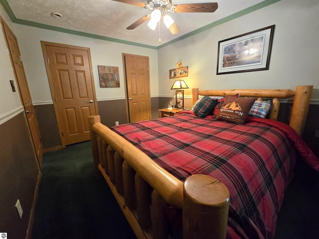 1470 N Al Moses Rd, Lake City, MI 49651 - bedroom with crown molding, dark colored carpet, and a ceiling fan