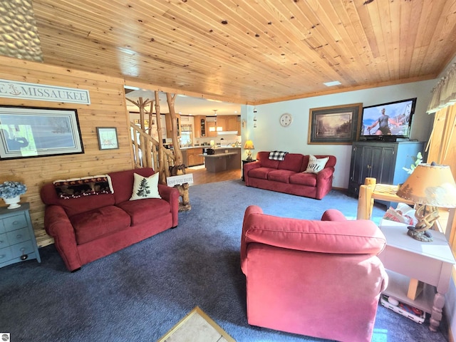 1470 N Al Moses Rd, Lake City, MI 49651 - living room with carpet, wood walls, wood ceiling, and crown molding