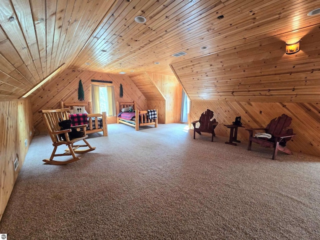 1470 N Al Moses Rd, Lake City, MI 49651 - living area featuring wooden walls, lofted ceiling, carpet, and wooden ceiling