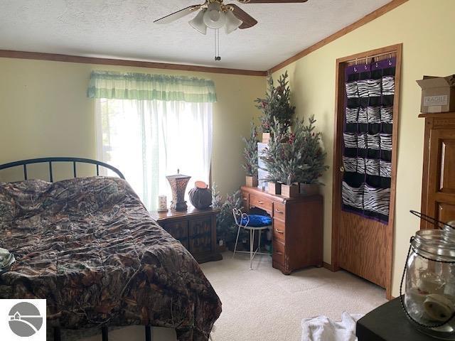 10559 Rosted Rd, Lake City, MI 49651 - bedroom with light carpet, crown molding, a ceiling fan, and a textured ceiling