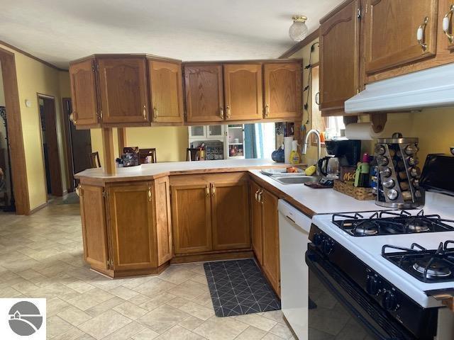 10559 Rosted Rd, Lake City, MI 49651 - kitchen with gas range, a sink, under cabinet range hood, white dishwasher, and light countertops