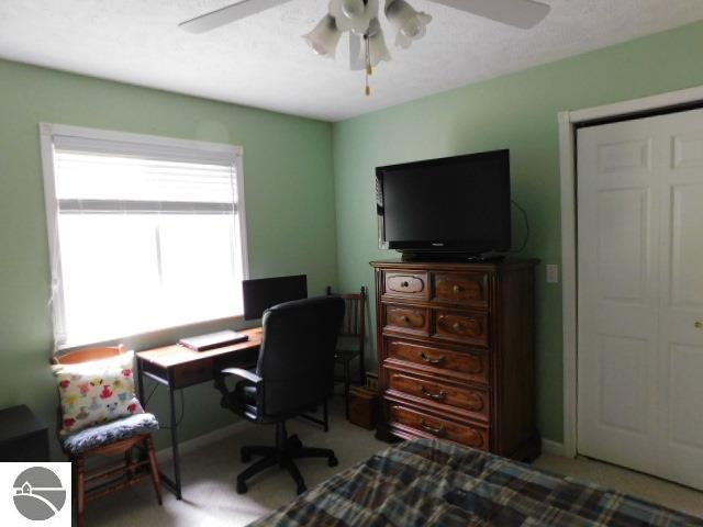 12149 Cabin Ln, Rapid City, MI 49676 - carpeted home office featuring ceiling fan and baseboards