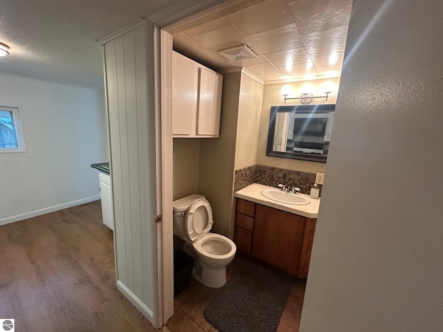 1007 Park St, Mount Pleasant, MI 48858 - bathroom with vanity, wood finished floors, toilet, and backsplash